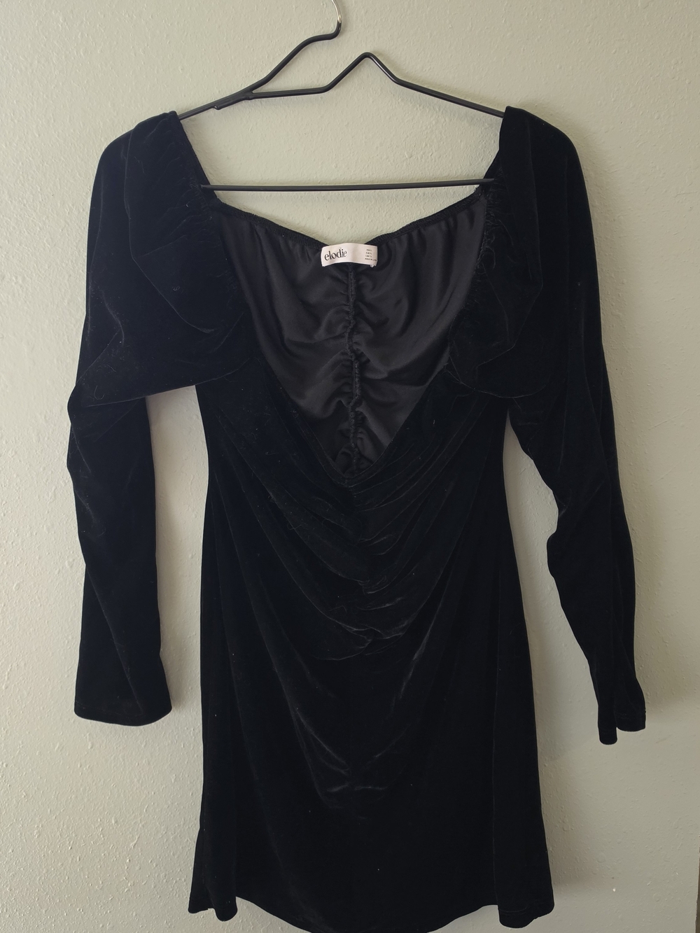 Elodie Black Velvet Mini Dress XL Long Sleeve Ruched Square Neck